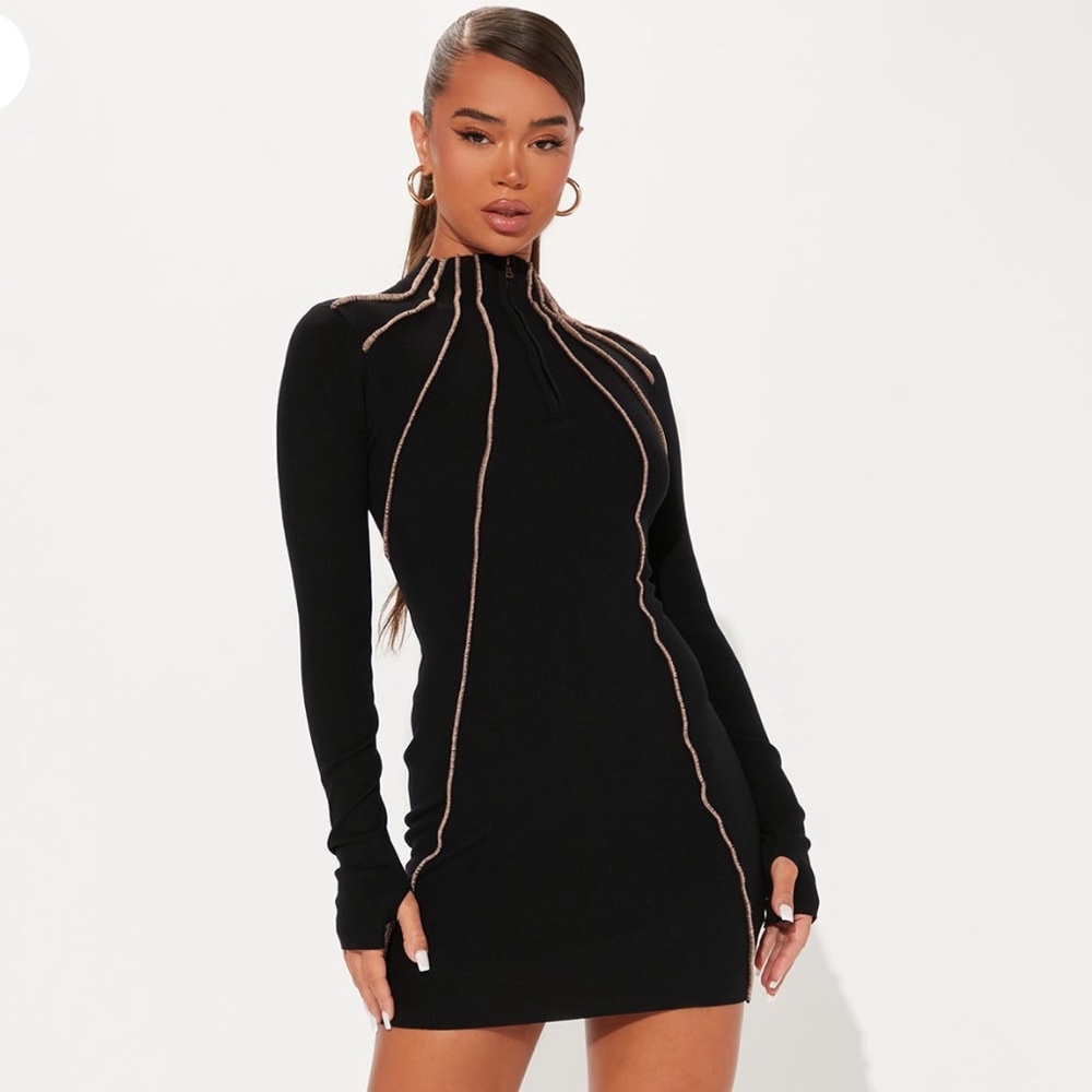 Fashion Nova Black Sweater Dress with Tan Details